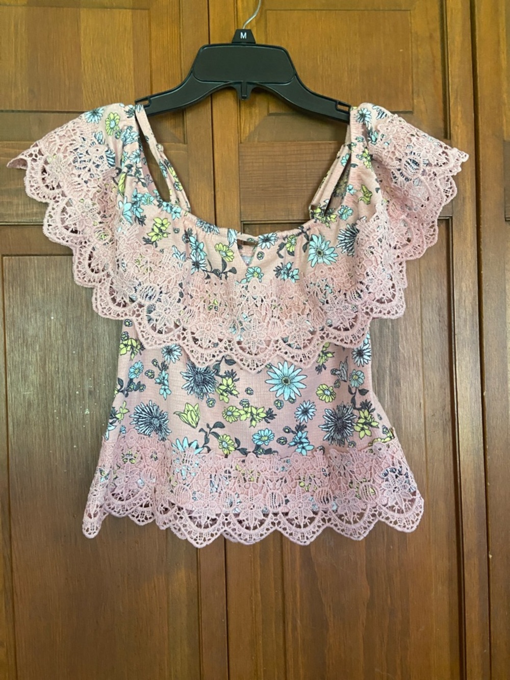 No Boundaries Pink Floral Lace Ruffle Off-Shoulder Tank